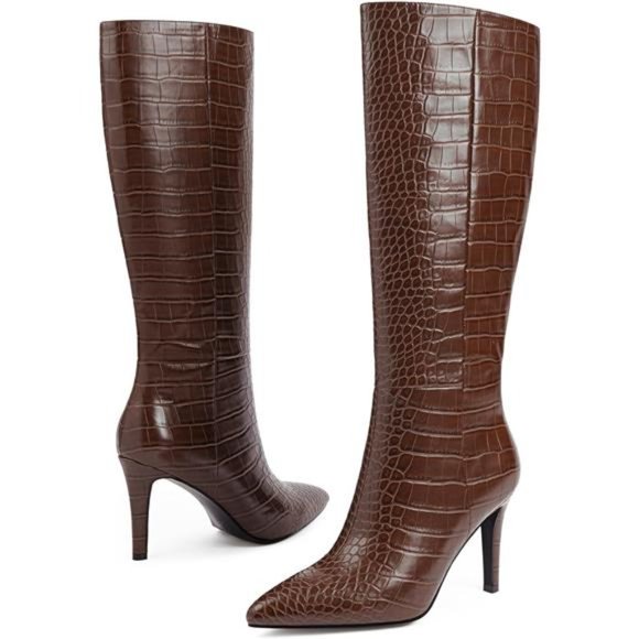Knee High Boots Toe Stiletto High Heel Side Zipper Long Boots Crocodile Boots - Picture 3 of 7